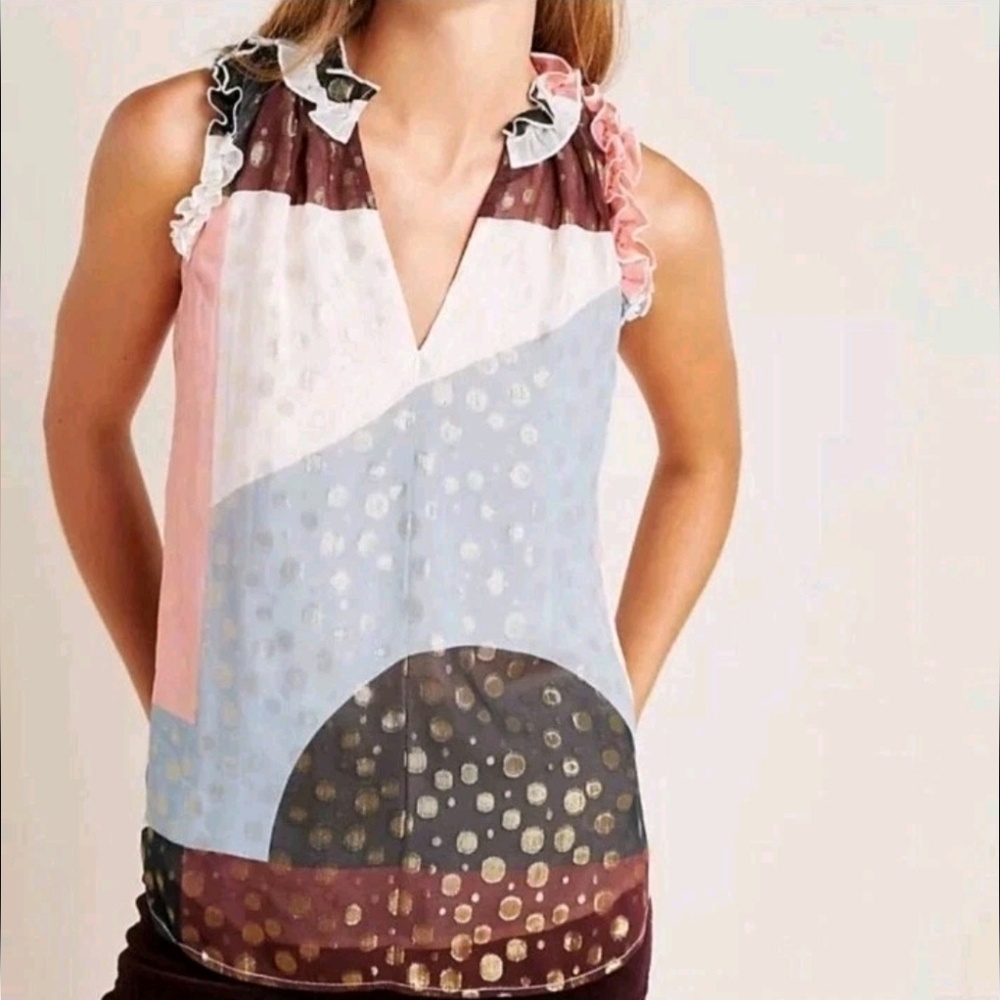 Maeve Anthropologie Fantasia Metallic Clip Dot Ruffle Sleeveless Blouse Size 4